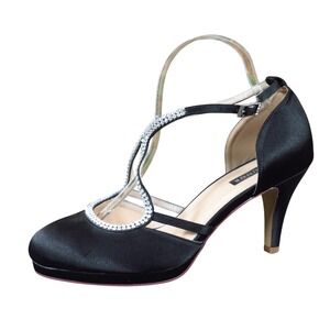 Erijunor Rhinestone T-Strap Women Heels Sz 9 Formal Wedding Evening Black Satin